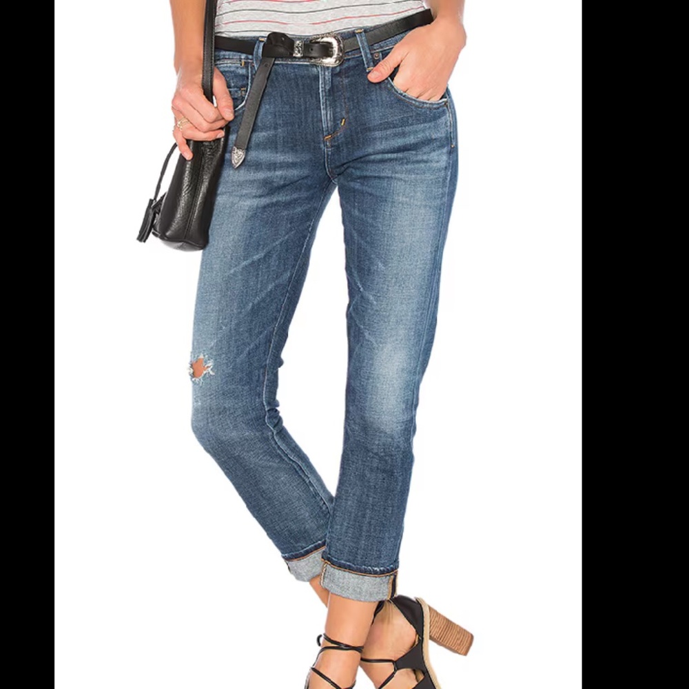 AGOLDE Midrise Dark Medium Wash Isabel Slim Boyfriend Ankle Jeans Distressed 32